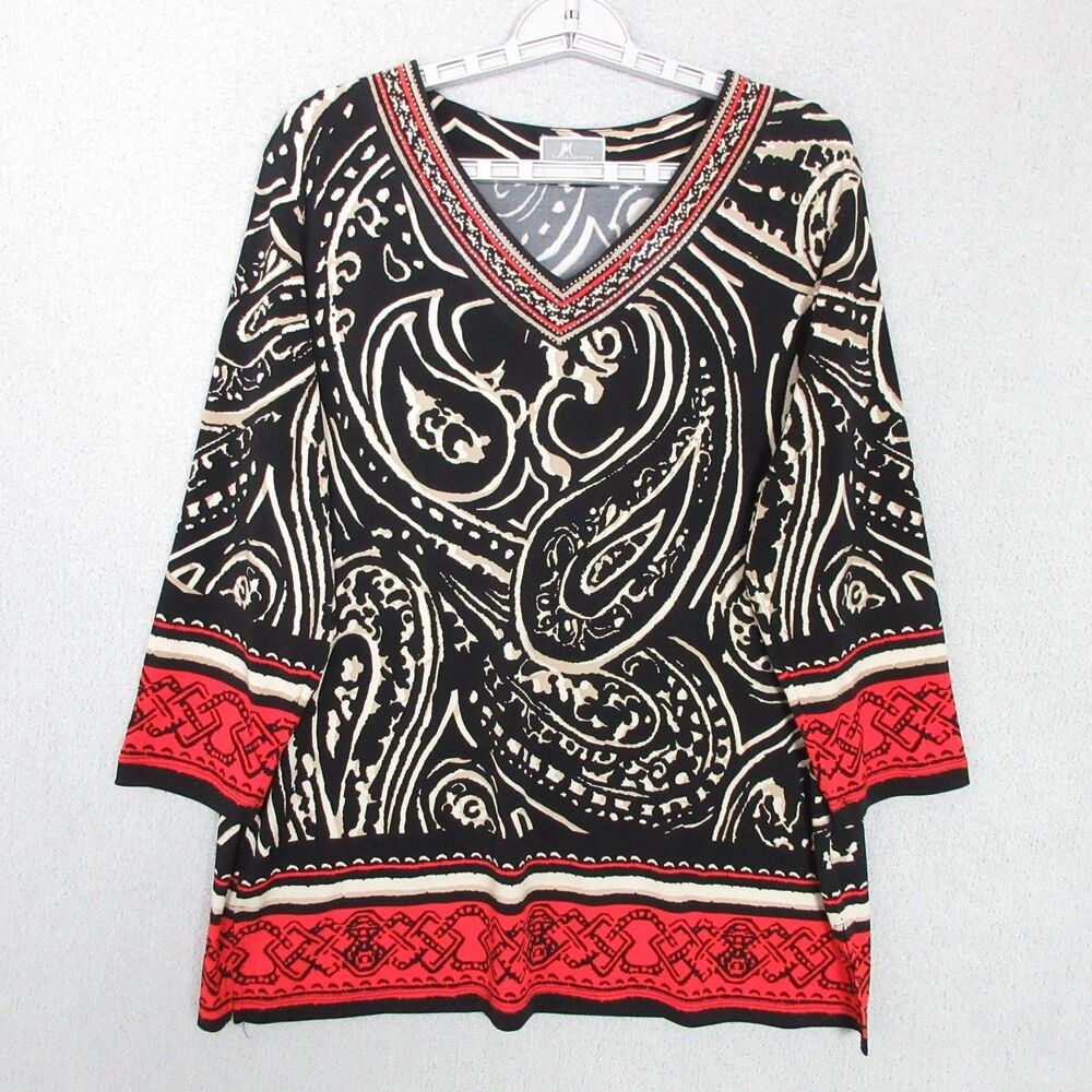 JM Collection Tunic Womens L Paisley V-Neck 3/4 Sleeve Black Red Stretch Top